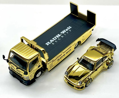 POP RACE 1:64 RWB 930 & PANDEM FUSO-300 Flatbed Transporter Gold S-SET4 Diecast Model Set