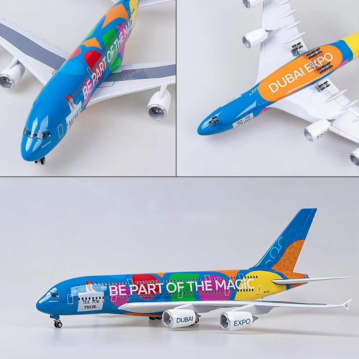 Premium 1:160 Scale Airbus A380 Dubai Expo Aircraft Model with Lights & Landing Gear | 46cm Metal Diecast & Resin Display Airplane with Stand | Aviation Collectible Gift