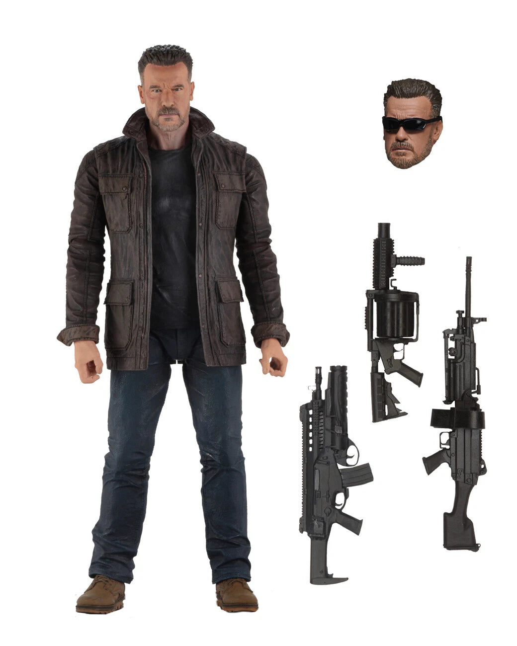 Terminator Dark Fate T-800 Action Figure – Highly Detailed Collectible with Interchangeable Hands, Sunglasses, Weapons & Display Stand