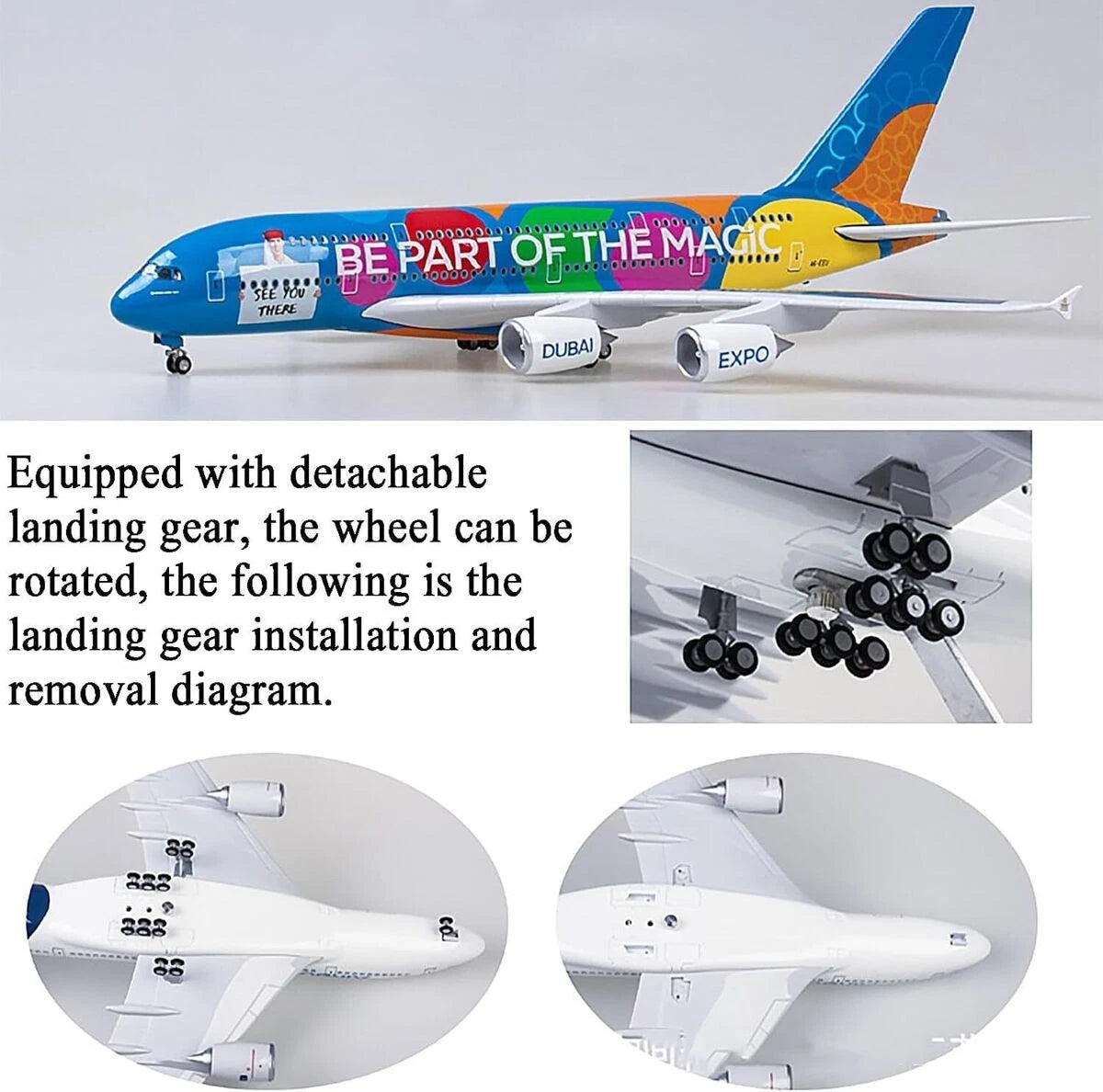 Premium 1:160 Scale Airbus A380 Dubai Expo Aircraft Model with Lights & Landing Gear | 46cm Metal Diecast & Resin Display Airplane with Stand | Aviation Collectible Gift