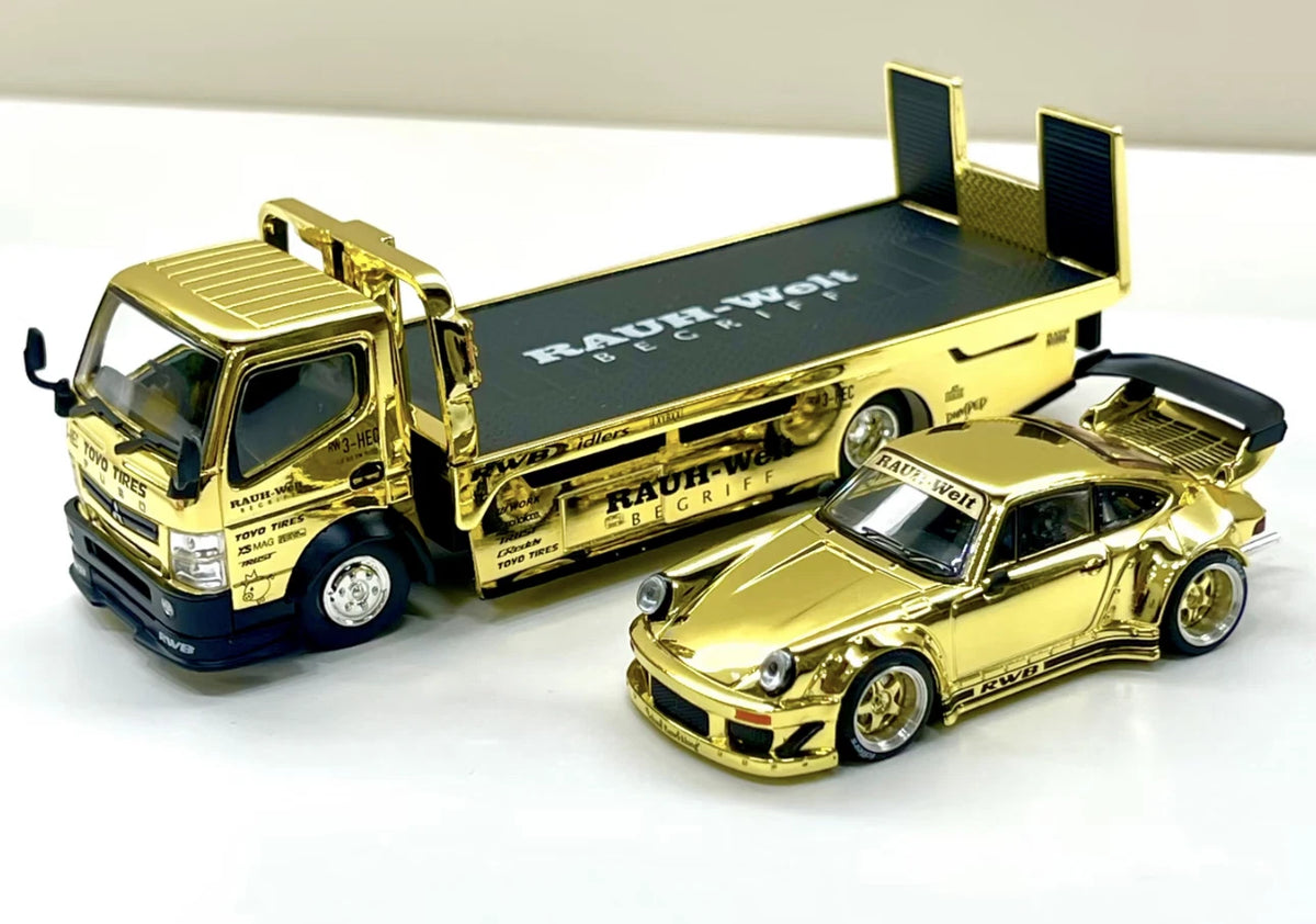 POP RACE 1:64 RWB 930 & PANDEM FUSO-300 Flatbed Transporter Gold S-SET4 Diecast Model Set