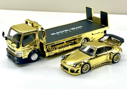 POP RACE 1:64 RWB 930 & PANDEM FUSO-300 Flatbed Transporter Gold S-SET4 Diecast Model Set
