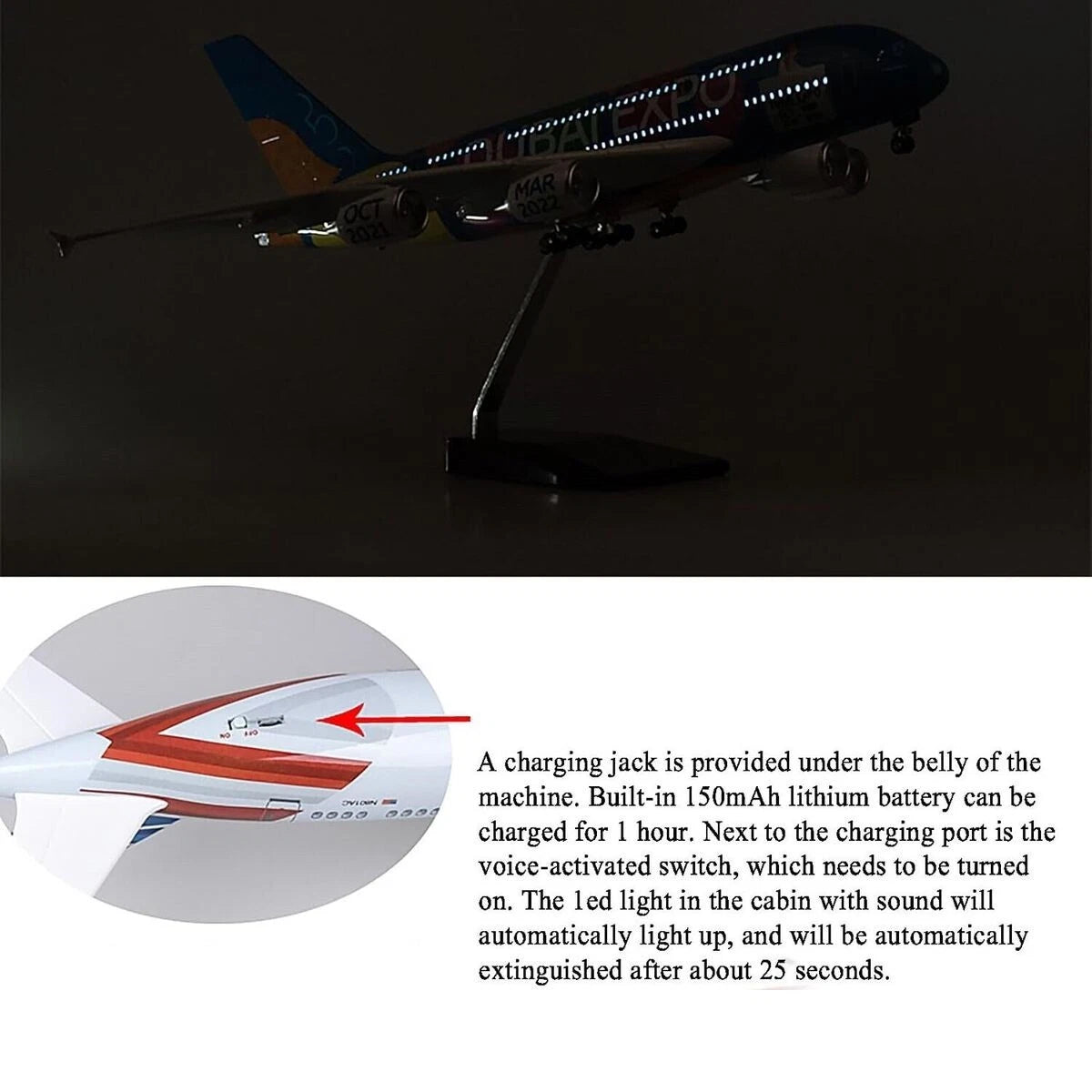 Premium 1:160 Scale Airbus A380 Dubai Expo Aircraft Model with Lights & Landing Gear | 46cm Metal Diecast & Resin Display Airplane with Stand | Aviation Collectible Gift