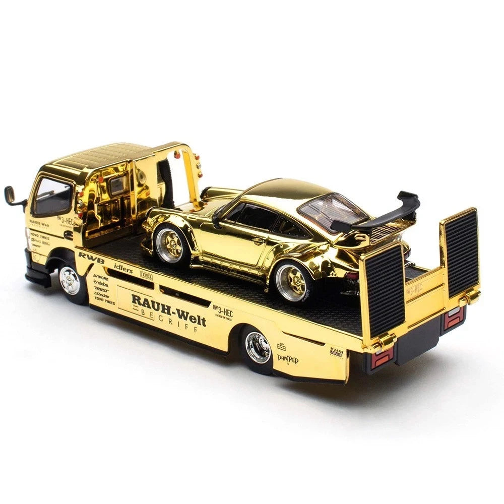 POP RACE 1:64 RWB 930 & PANDEM FUSO-300 Flatbed Transporter Gold S-SET4 Diecast Model Set