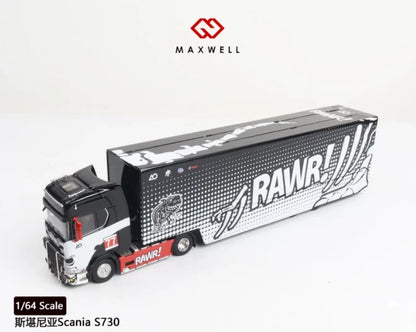 Maxwell 1:64 Scania S730 RAWR! Racing Team #77 Enclosed Transporter Truck Diecast Model – Black, White & Red