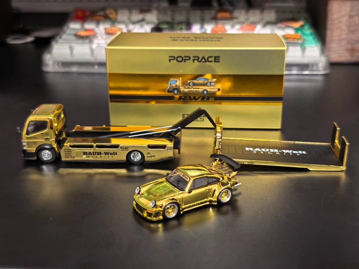 POP RACE 1:64 RWB 930 & PANDEM FUSO-300 Flatbed Transporter Gold S-SET4 Diecast Model Set