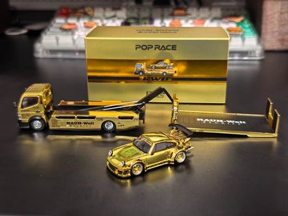 POP RACE 1:64 RWB 930 & PANDEM FUSO-300 Flatbed Transporter Gold S-SET4 Diecast Model Set