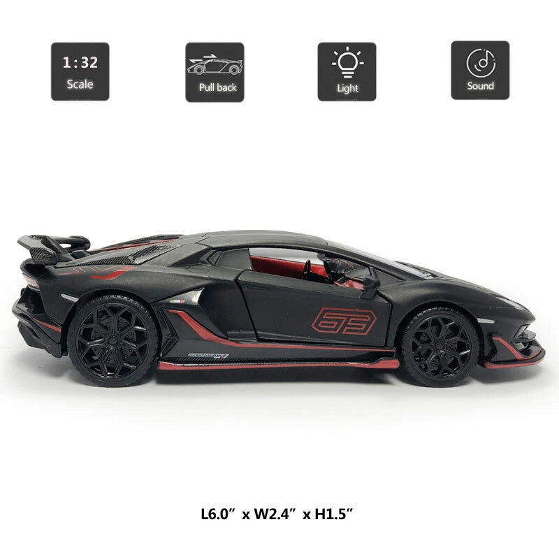 MSZ 1:32 Lamborghini Aventador SVJ Die-Cast Model Car – Black | Pull Back, Openable Doors, Light & Sound (68472)