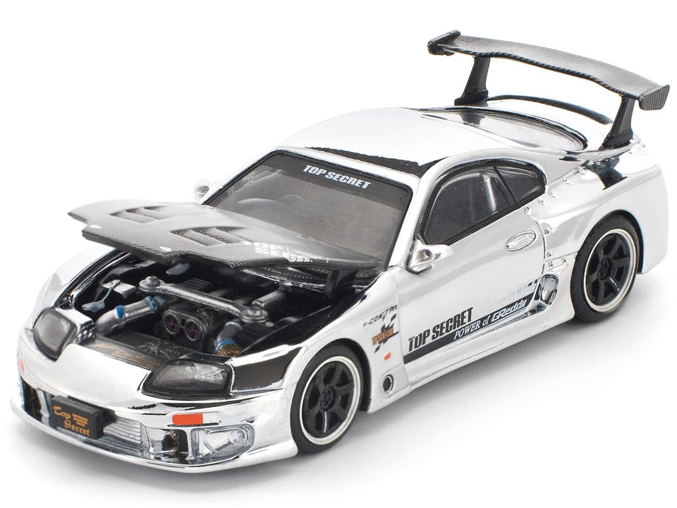 POP RACE 1:64 Top Secret GT300 Supra Silver Chrome – Scale Premium Diecast Collectible Model Car