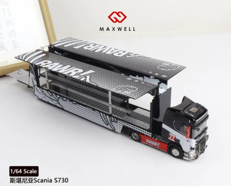 Maxwell 1:64 Scania S730 RAWR! Racing Team #77 Enclosed Transporter Truck Diecast Model – Black, White & Red
