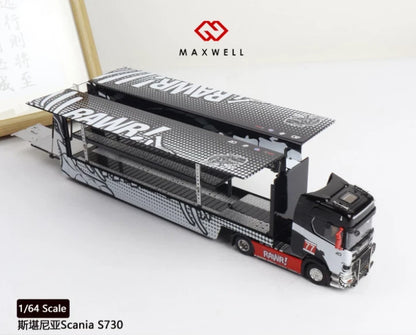 Maxwell 1:64 Scania S730 RAWR! Racing Team #77 Enclosed Transporter Truck Diecast Model – Black, White & Red