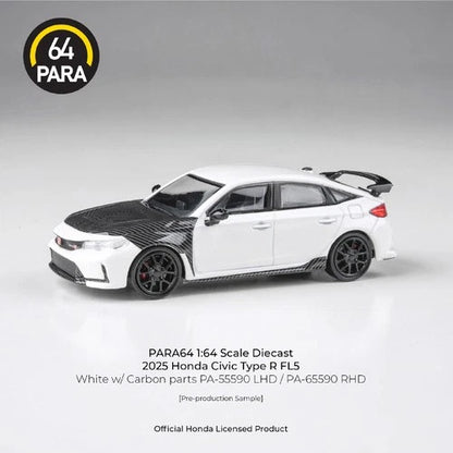 PARA64 1:64 2023 Honda Civic Type R FL5 White with Carbon Parts (RHD) Diecast Model Car | Official Honda Licensed Collectible