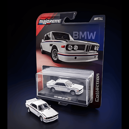 Majorette – Collection Series | 1975 BMW 3.0 CSL – White with Red & Blue Stripes | 1:64 Die-Cast Model Car