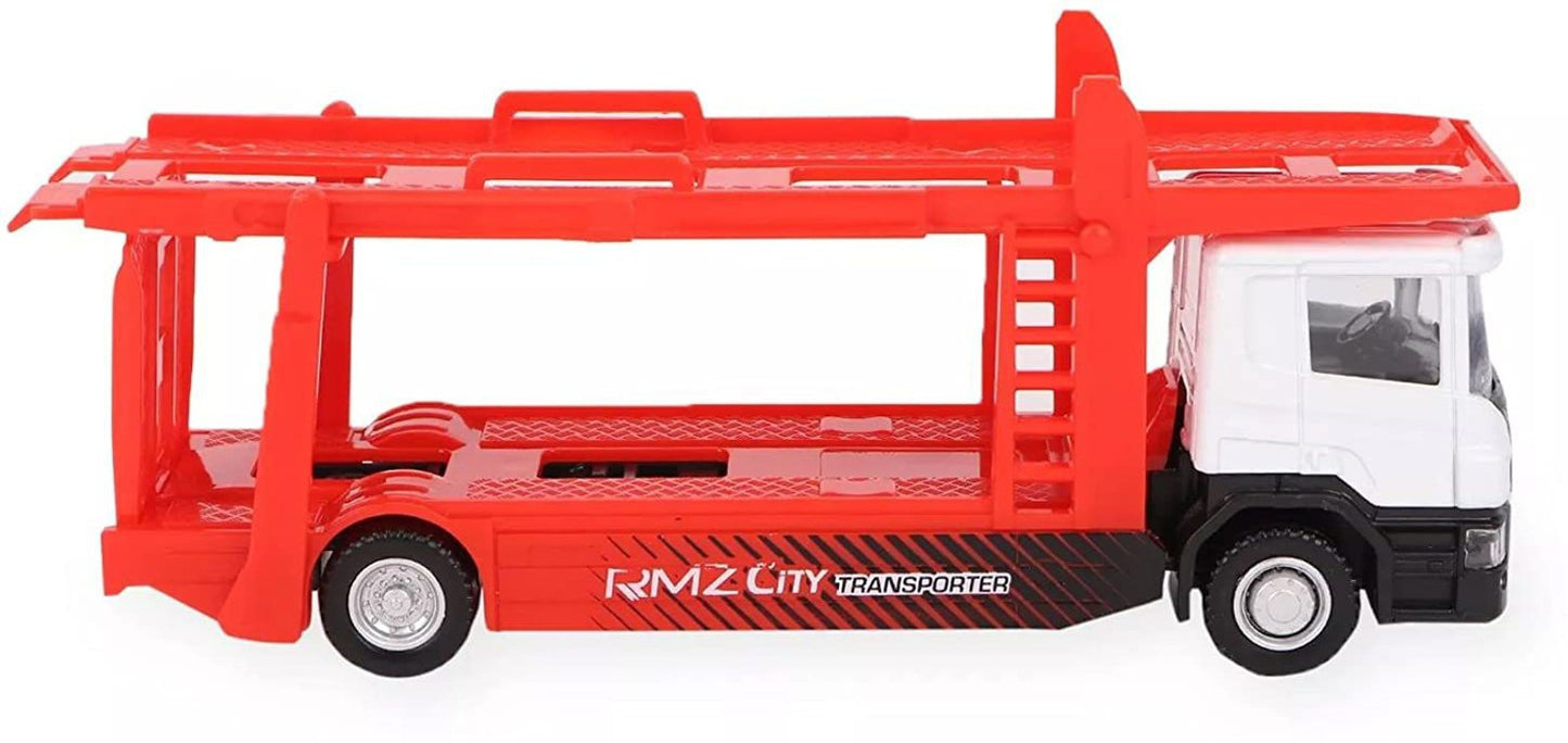 RMZ City 1:64 Scania P-Series Car Carrier Transporter Truck Die-Cast Model – White Cab with Red Trailer