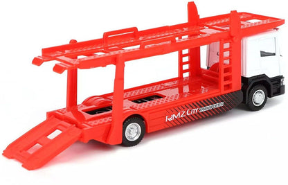 RMZ City 1:64 Scania P-Series Car Carrier Transporter Truck Die-Cast Model – White Cab with Red Trailer