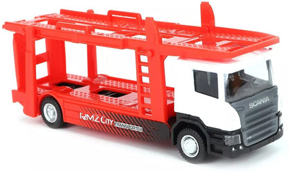 RMZ City 1:64 Scania P-Series Car Carrier Transporter Truck Die-Cast Model – White Cab with Red Trailer