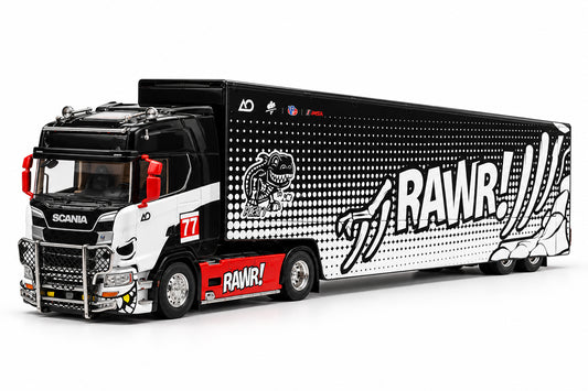 Maxwell 1:64 Scania S730 RAWR! Racing Team #77 Enclosed Transporter Truck Diecast Model – Black, White & Red