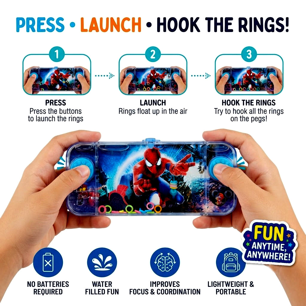 Spider-Man Mini Water Ring Toss Game 15 × 7 cm – Push-Button Pocket Game for Kids