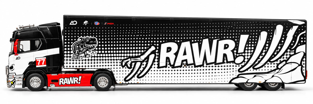 Maxwell 1:64 Scania S730 RAWR! Racing Team #77 Enclosed Transporter Truck Diecast Model – Black, White & Red
