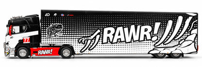 Maxwell 1:64 Scania S730 RAWR! Racing Team #77 Enclosed Transporter Truck Diecast Model – Black, White & Red