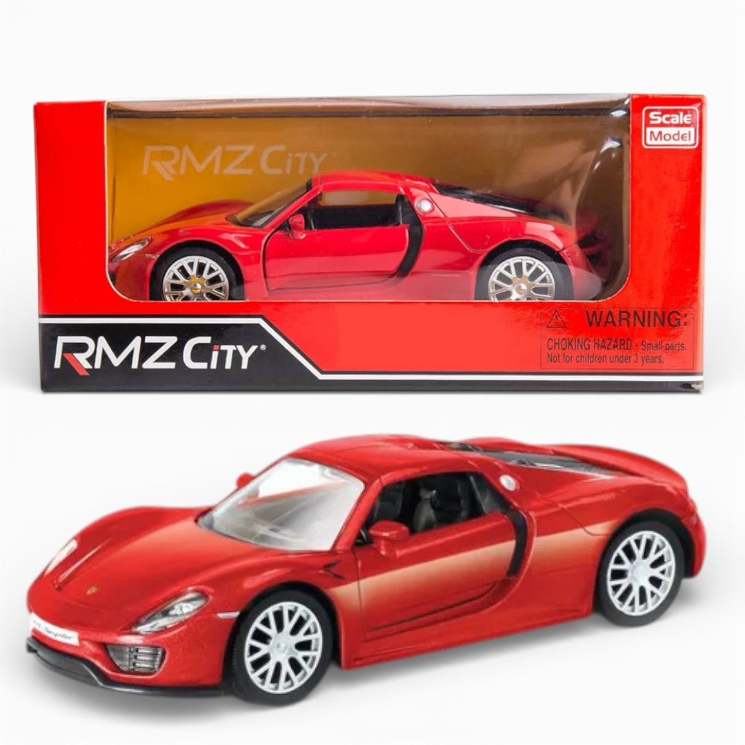 RMZ City Porsche 918 Spyder 1:36 Die-Cast Hypercar | Pull Back & Go | Openable Doors | Red / Silver Grey
