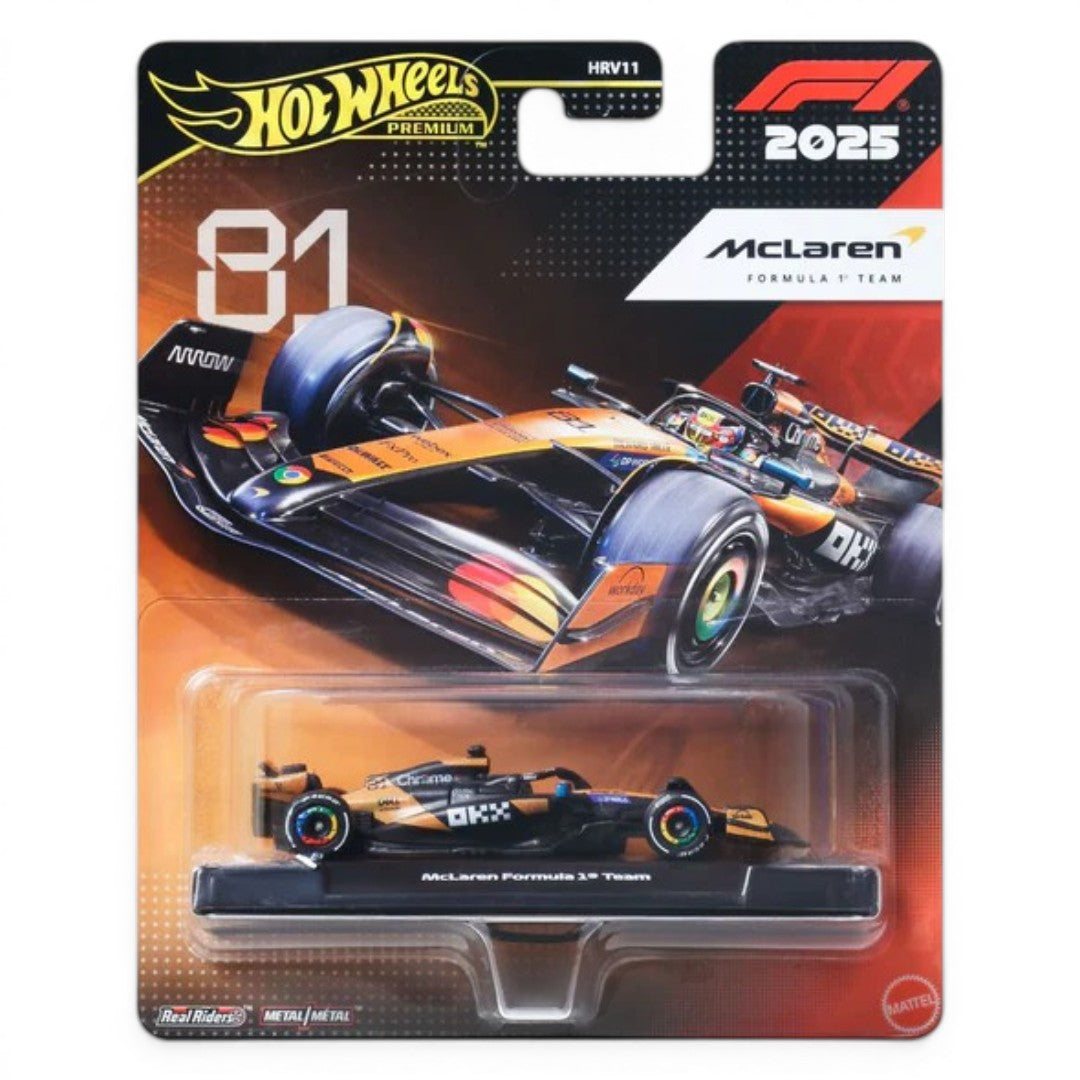 Hot Wheels Premium 1:64  Formula 1 2025 McLaren Formula 1 Team #81 F1 Die-Cast Car | Metal/Metal with Real Riders