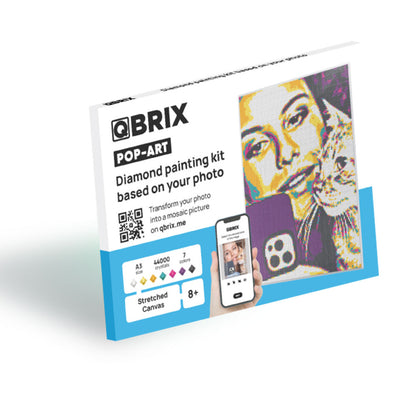 QBRIX POP-ART Diamond Painting Kit A3 | Custom Photo Mosaic | 44,000 Crystals, 7 Colors | DIY POP Art Canvas for Ages 8+