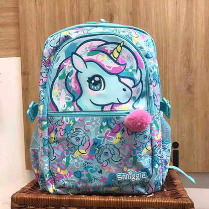 Smiggle 16 Inch Unicorn Kids Backpack – Aqua Blue School Bag with Unicorn Print, Fluffy Pom-Pom & Side Bottle Holders