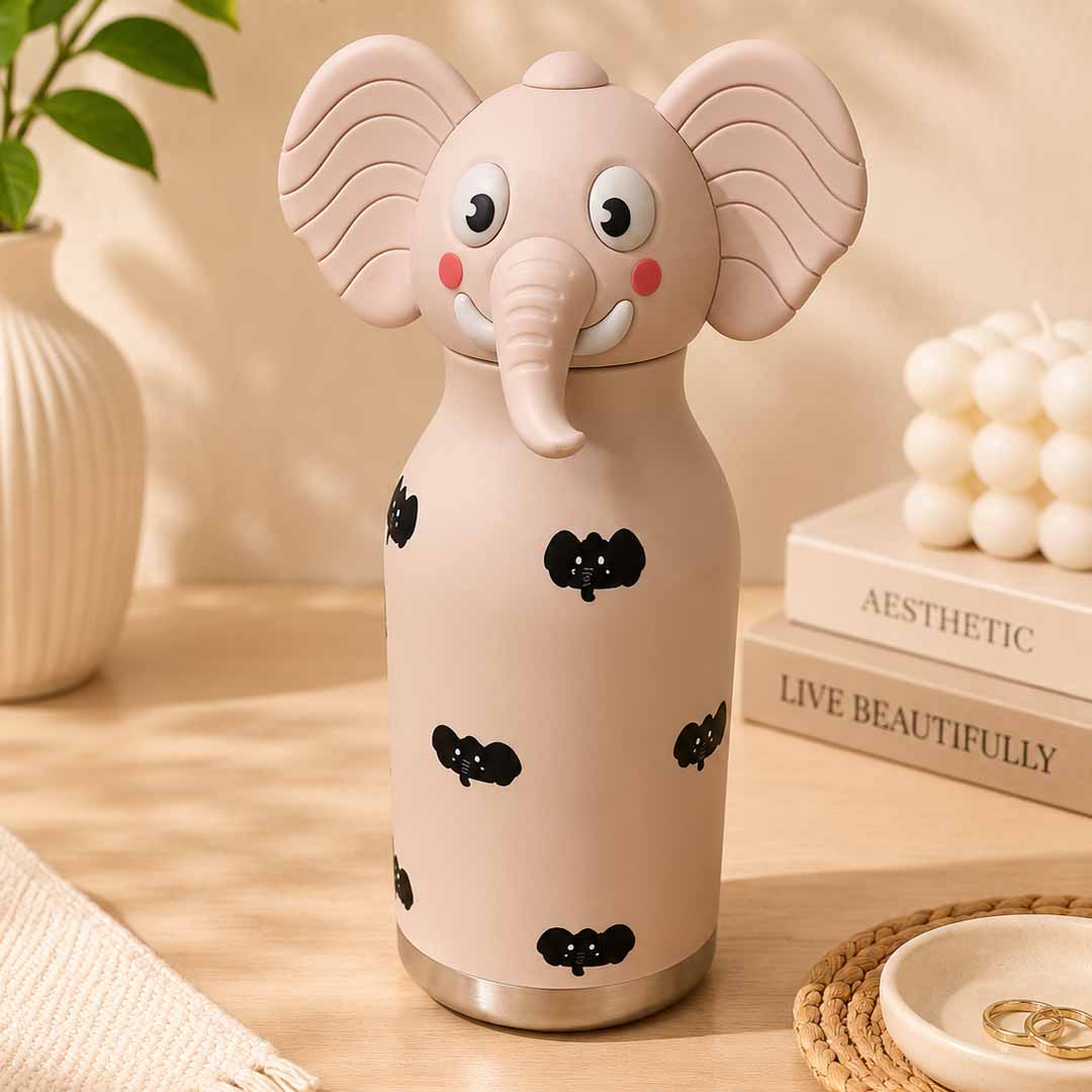 AFRESH 365 Animal Head Collection Elephant Stainless Steel Vacuum Insulated Water Bottle 450ml (16oz) with Straw & Cleaning Brush