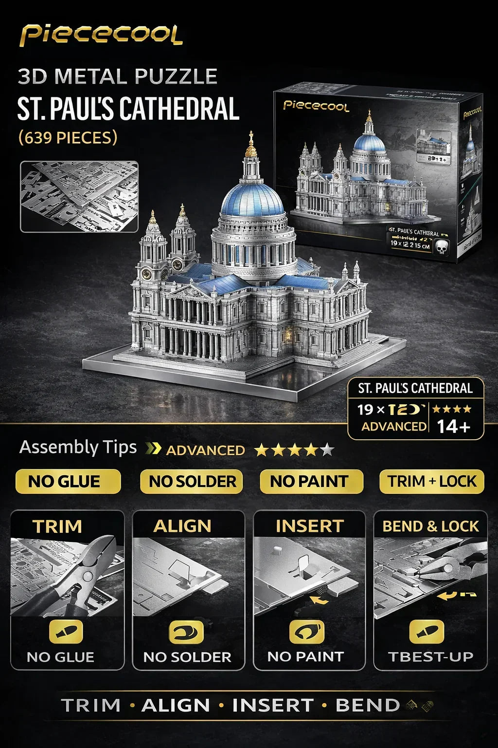 Piececool 3D Metal Puzzle St. Paul’s Cathedral Landmark Model – 639 Pieces – Difficulty Level 4 – Stainless Steel DIY Model Kit-Age 16+
