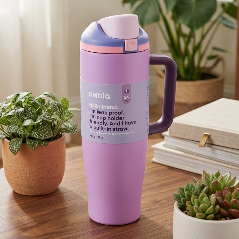 Owala FreeSip 40 oz (1183 ml) Insulated Stainless Steel Tumbler with Built-In Straw, Side Handle and Leakproof Push-Button Lid – Pink & Purple