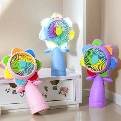 Portable Handheld Mini Fan with LED Lights – Colorful Flower Design Personal Cooling Fan for Travel, Office & Outdoor Use (Pack of 1)