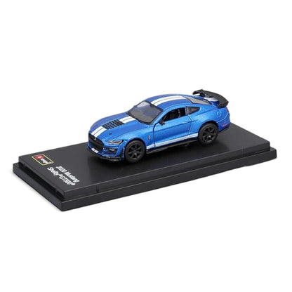 Bburago 1:64 2020 Ford Mustang Shelby GT500 Die-Cast Model Car | Metallic Blue with White Racing Stripes, Display Base & Collector Box | 14+