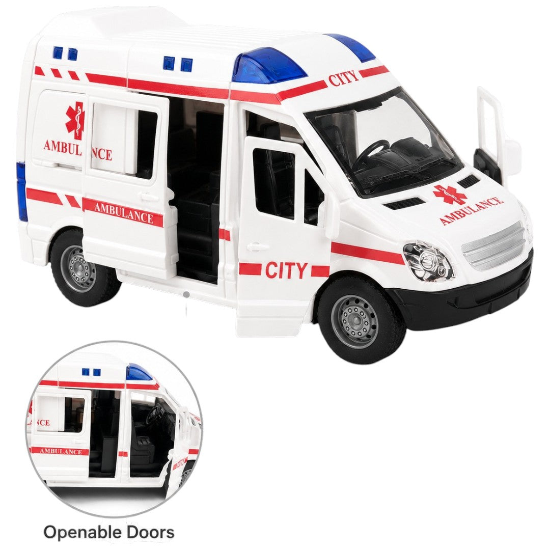 City Ambulance Push-Along Toy Vehicle | Openable Doors, Detailed Interior & Emergency Rescue Van for Kids | White