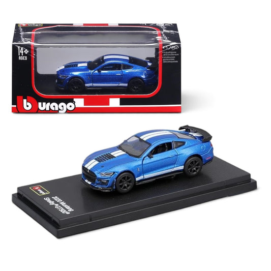 Bburago 1:64 2020 Ford Mustang Shelby GT500 Die-Cast Model Car | Metallic Blue with White Racing Stripes, Display Base & Collector Box | 14+