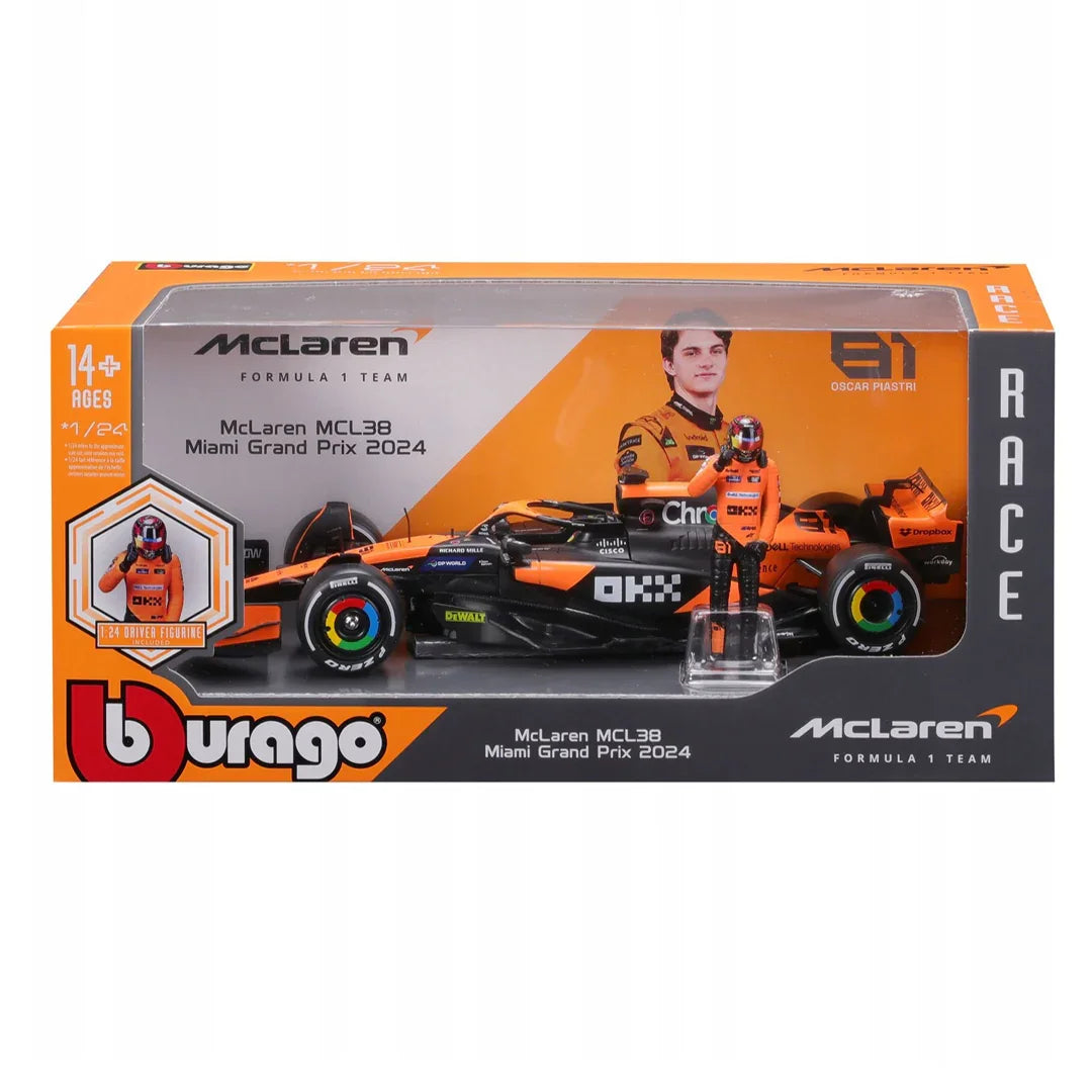Bburago 1:24 McLaren MCL38 Miami GP 2024 – Oscar Piastri Diecast Car with Driver Figurine