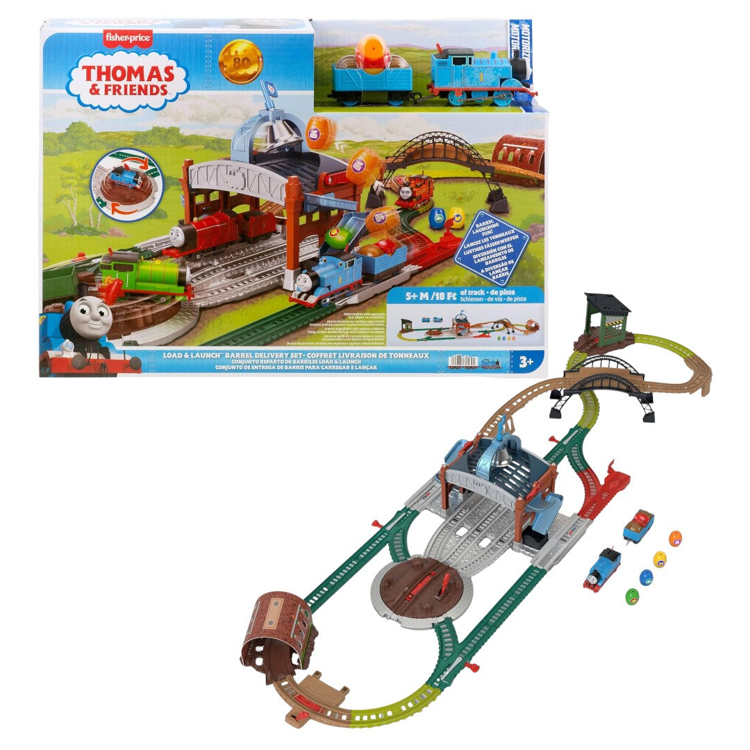 Thomas & Friends Toy Train Playset by Fisher-Price, Load & Launch Barrel Delivery with Classic Motorized Engine & Cargo Car, 18 Feet of Track-JDF26