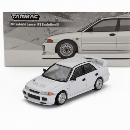 Tarmac Works 1:64 Mitsubishi Lancer Evolution III RS White Diecast Model Car | Authentic JDM Rally Replica | Premium Metal Collectible