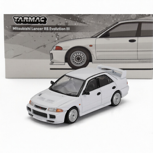 Tarmac Works 1:64 Mitsubishi Lancer Evolution III RS White Diecast Model Car | Authentic JDM Rally Replica | Premium Metal Collectible