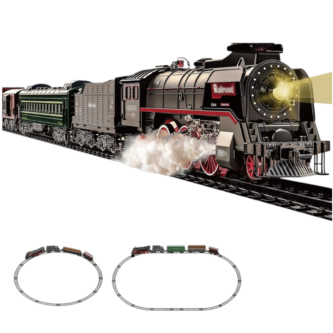 FENMING Classic Steam Train Set with Smoke, Lights & Track Layout | Battery Operated Railway Toy