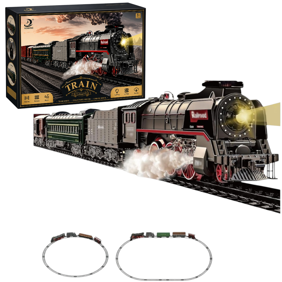 FENMING Classic Steam Train Set with Smoke, Lights & Track Layout | Battery Operated Railway Toy