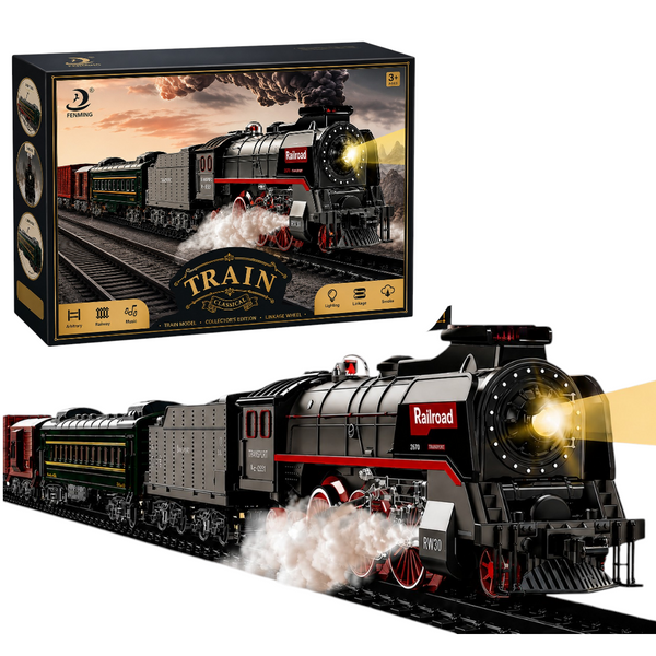 FENMING Classic Steam Train Set with Smoke, Lights & Track Layout | Battery Operated Railway Toy