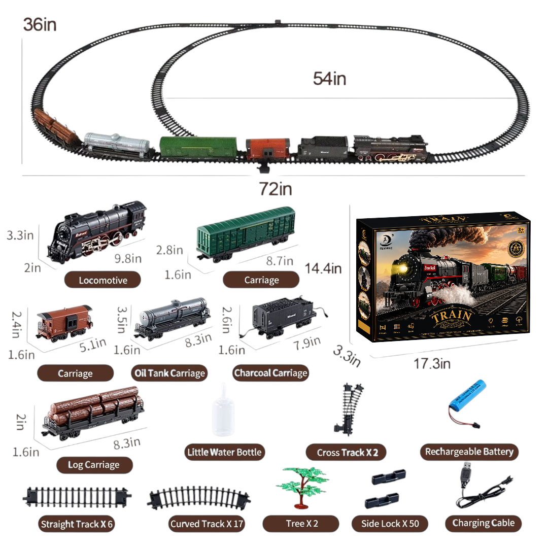 FENMING Battery Operated Steam Train Set with Smoke, Lights & 72-Inch Track Layout | Classic Railway Toy Train
