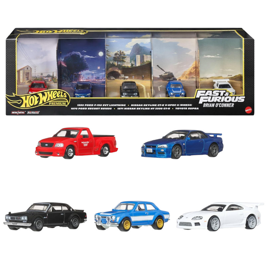 Hot Wheels Premium Fast & Furious Brian O'Conner 5-Car Collector Set | 1:64 Scale Die-Cast Vehicles | Ford F-150 SVT Lightning, Nissan Skyline GT-R, Ford Escort RS1600 & Toyota Supra | Mattel