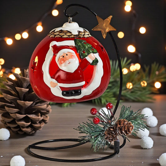 Hanging Santa Christmas Ornament with Metal Stand – Festive Bauble Décor with Pinecone & Berries | Tabletop Christmas Decoration  - 1 Piece