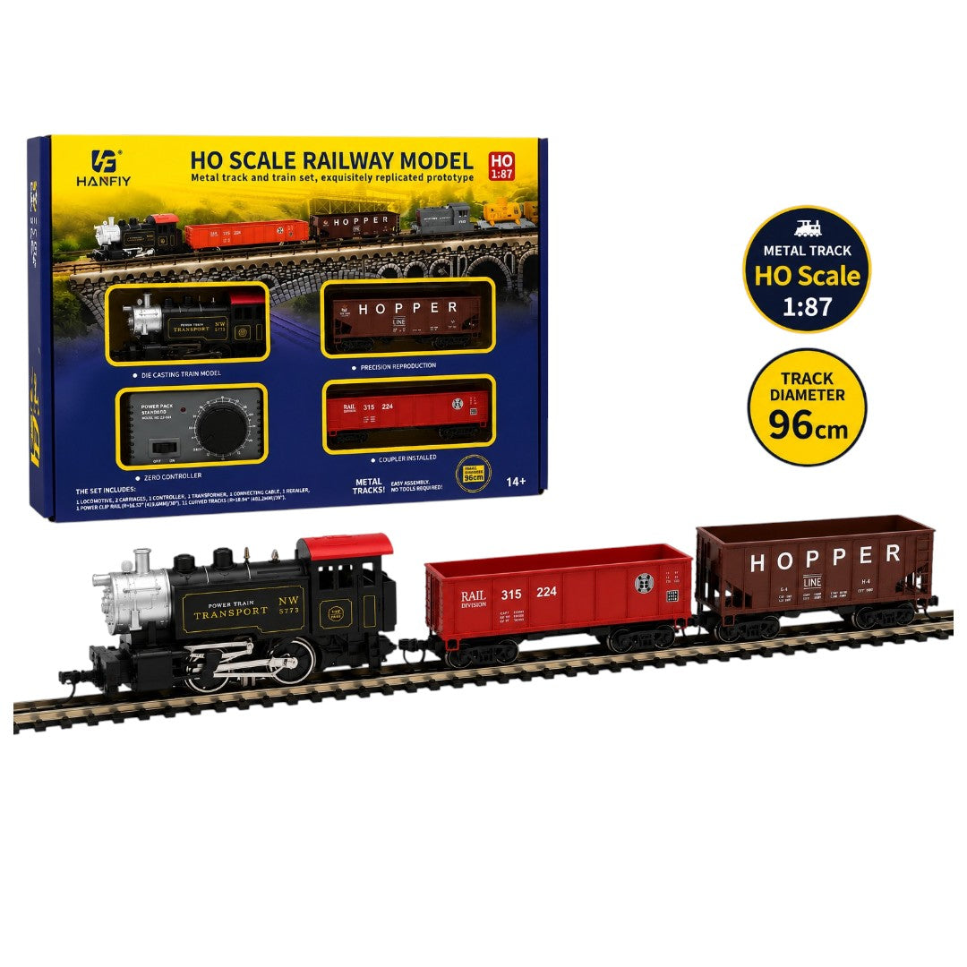 HANFIY 66100 HO Scale 1:87 Electric Railway Train Set with Steam Locomotive, 2 Freight Cars, Metal Track & Controller | 96 cm Track | 14+