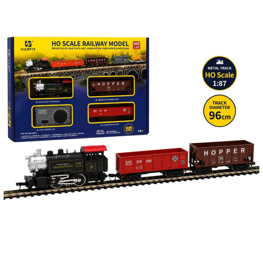 HANFIY 66100 HO Scale 1:87 Electric Railway Train Set with Steam Locomotive, 2 Freight Cars, Metal Track & Controller | 96 cm Track | 14+