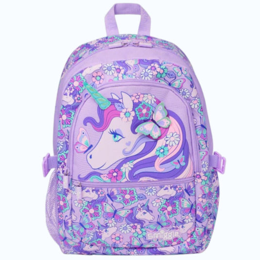Smiggle Unicorn Kids Backpack Purple  42 CM | Cute Floral School Bag with Butterfly Design