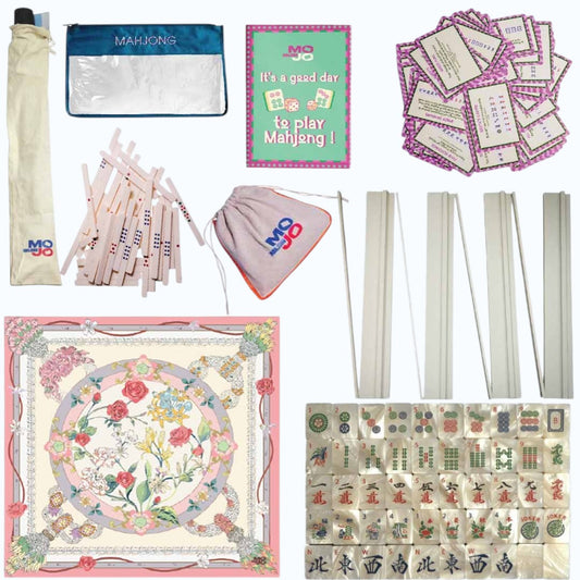 MOJO Elegance in Bloom Classic Bundle Mahjong Set – 160 Premium 36mm Tiles with Racks, Floral Playing Mat, Mahjong Cards & Accessories