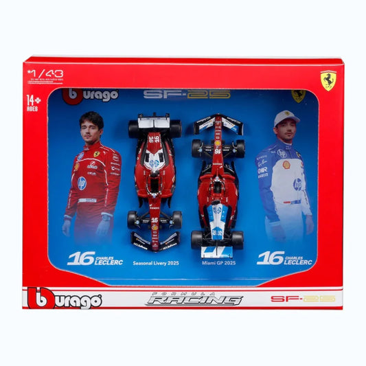 Bburago 1:43 Ferrari SF-25 #16 Charles Leclerc Formula 1 2025 – 2 Cars Diecast Pack